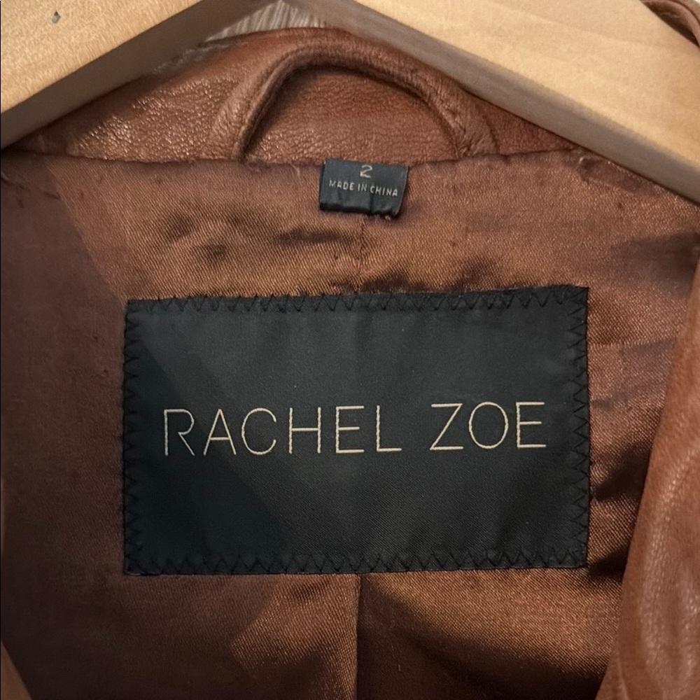 Rachel Zoe Women's Brown Leather Double-Breasted Belted Jacket - Picture 3 of 6